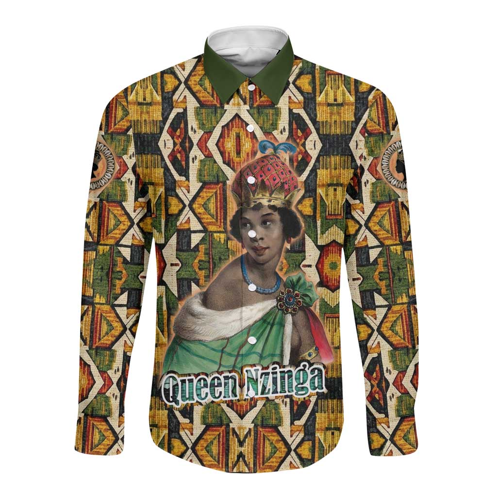Queen Nzinga Long Sleeve Button Shirt Mbandi Traditional Regal Portrait Empowerment Quote African Female Leadership - Wonder Print Shop
