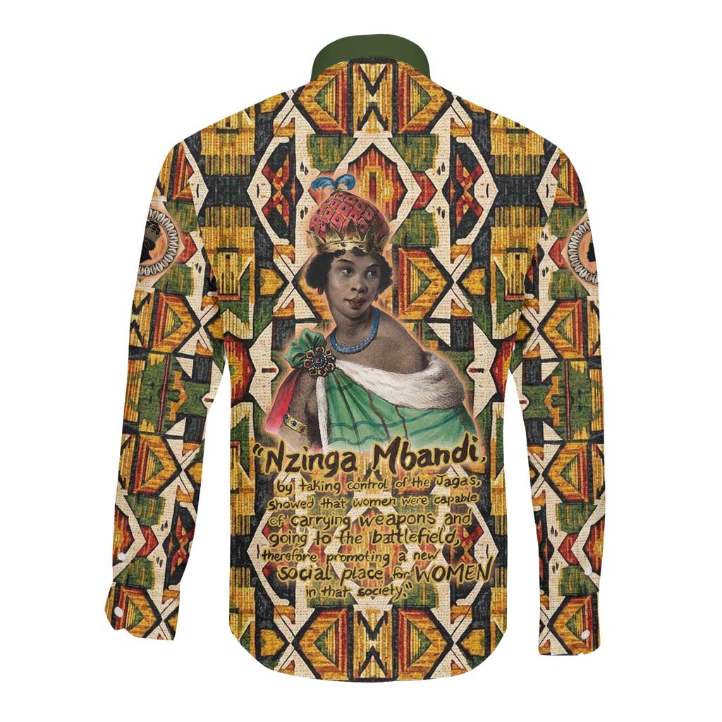 Queen Nzinga Long Sleeve Button Shirt Mbandi Traditional Regal Portrait Empowerment Quote African Female Leadership - Wonder Print Shop