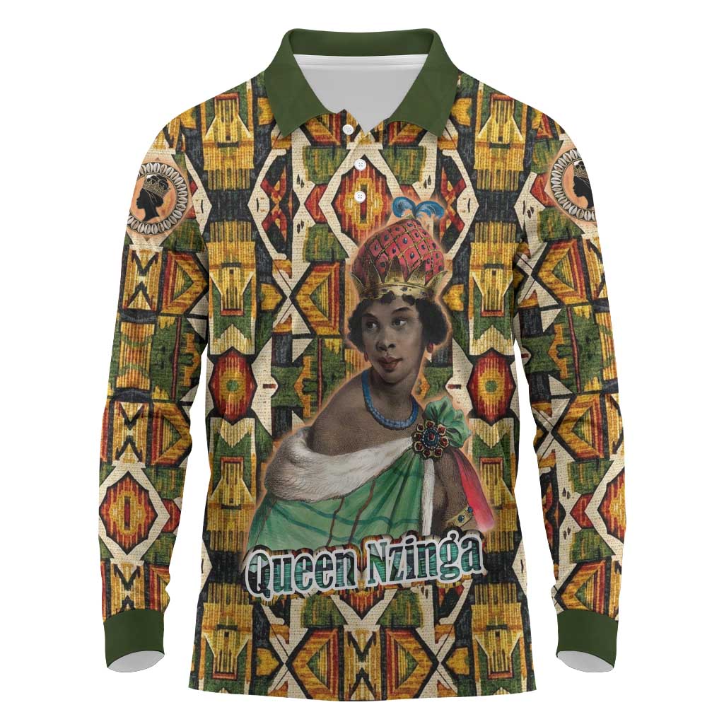 Queen Nzinga Long Sleeve Polo Shirt Mbandi Traditional Regal Portrait Empowerment Quote African Female Leadership - Wonder Print Shop
