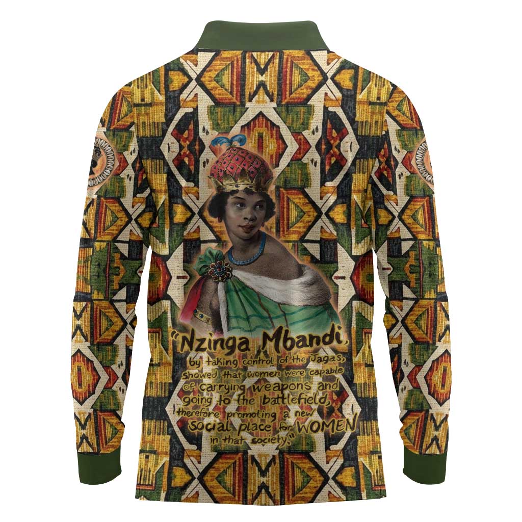 Queen Nzinga Long Sleeve Polo Shirt Mbandi Traditional Regal Portrait Empowerment Quote African Female Leadership - Wonder Print Shop