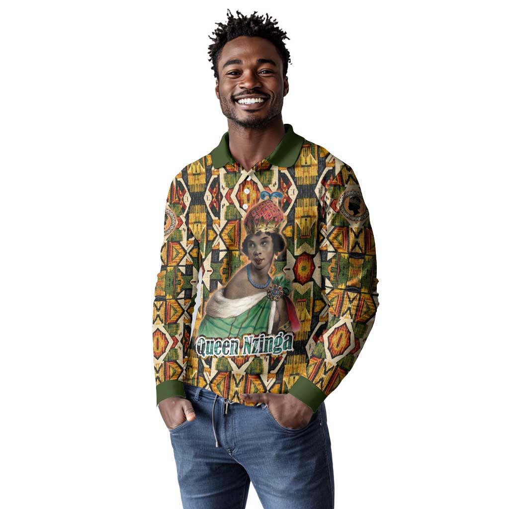 Queen Nzinga Long Sleeve Polo Shirt Mbandi Traditional Regal Portrait Empowerment Quote African Female Leadership - Wonder Print Shop