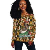 Queen Nzinga Off Shoulder Sweater Mbandi Traditional Regal Portrait Empowerment Quote African Female Leadership - Wonder Print Shop
