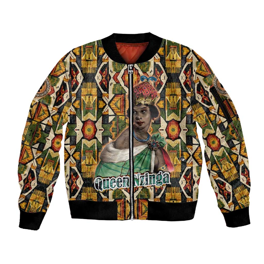 Queen Nzinga Sleeve Zip Bomber Jacket Mbandi Traditional Regal Portrait Empowerment Quote African Female Leadership - Wonder Print Shop