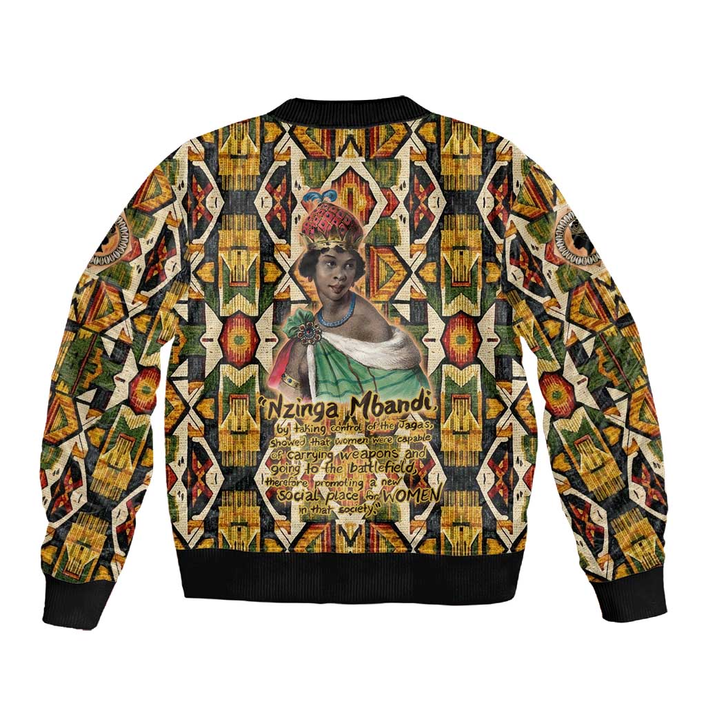 Queen Nzinga Sleeve Zip Bomber Jacket Mbandi Traditional Regal Portrait Empowerment Quote African Female Leadership - Wonder Print Shop