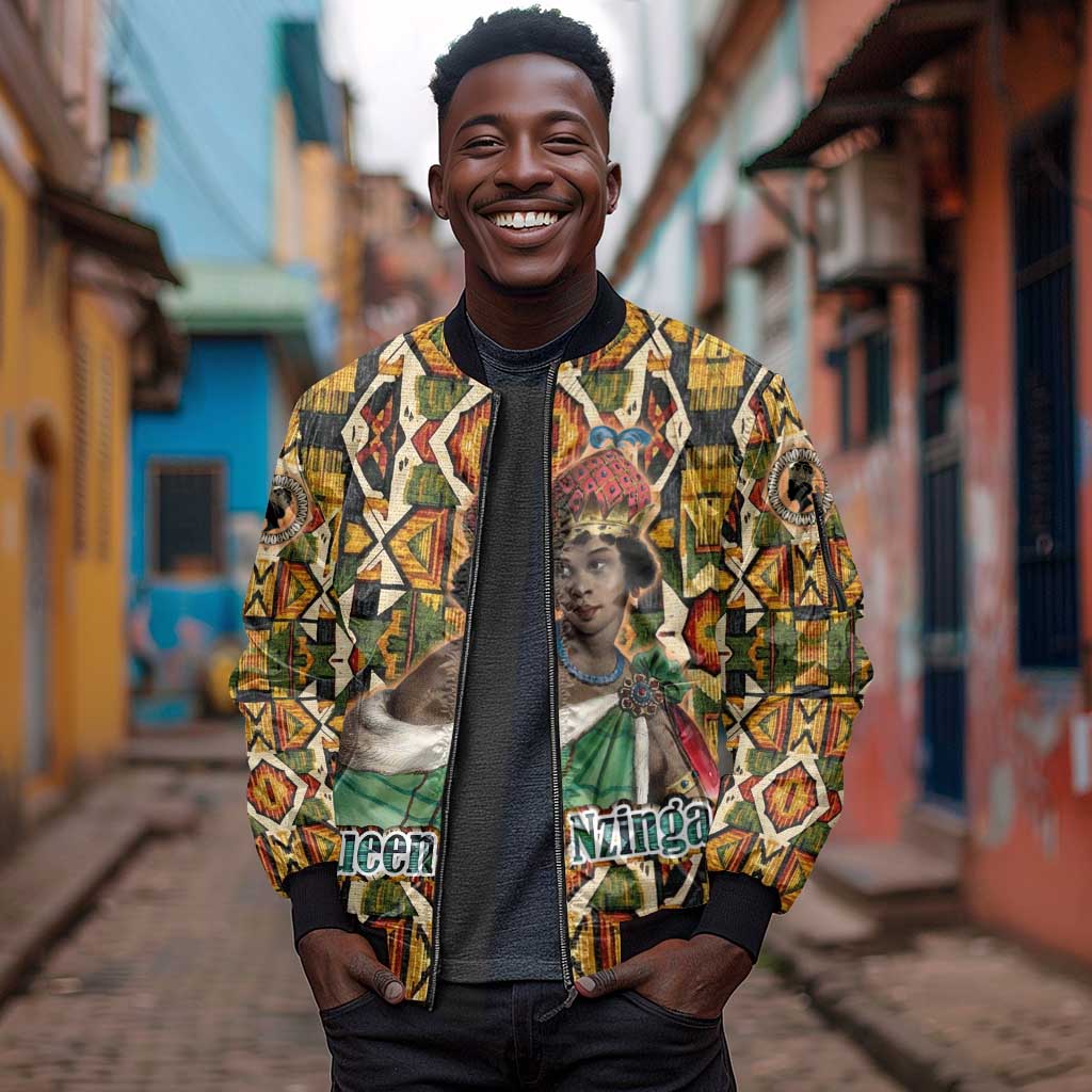 Queen Nzinga Sleeve Zip Bomber Jacket Mbandi Traditional Regal Portrait Empowerment Quote African Female Leadership - Wonder Print Shop
