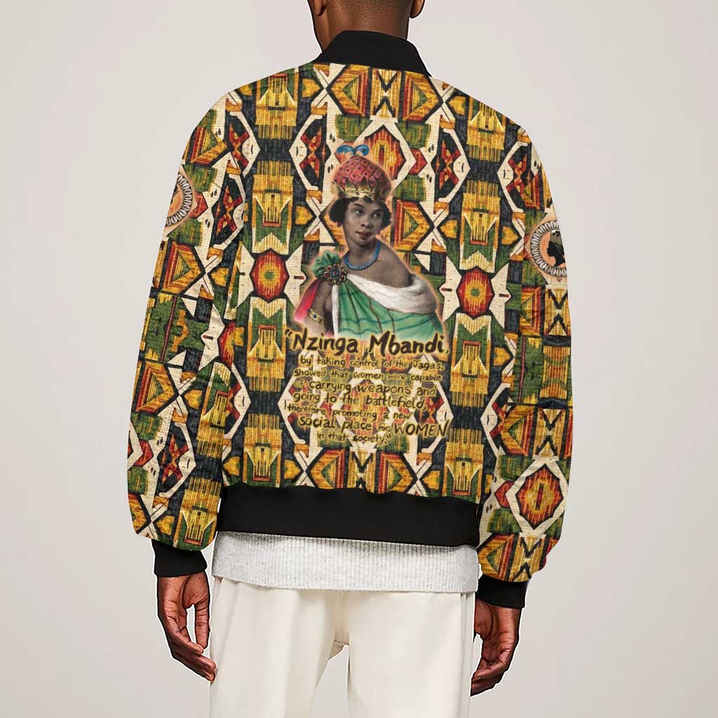Queen Nzinga Sleeve Zip Bomber Jacket Mbandi Traditional Regal Portrait Empowerment Quote African Female Leadership - Wonder Print Shop