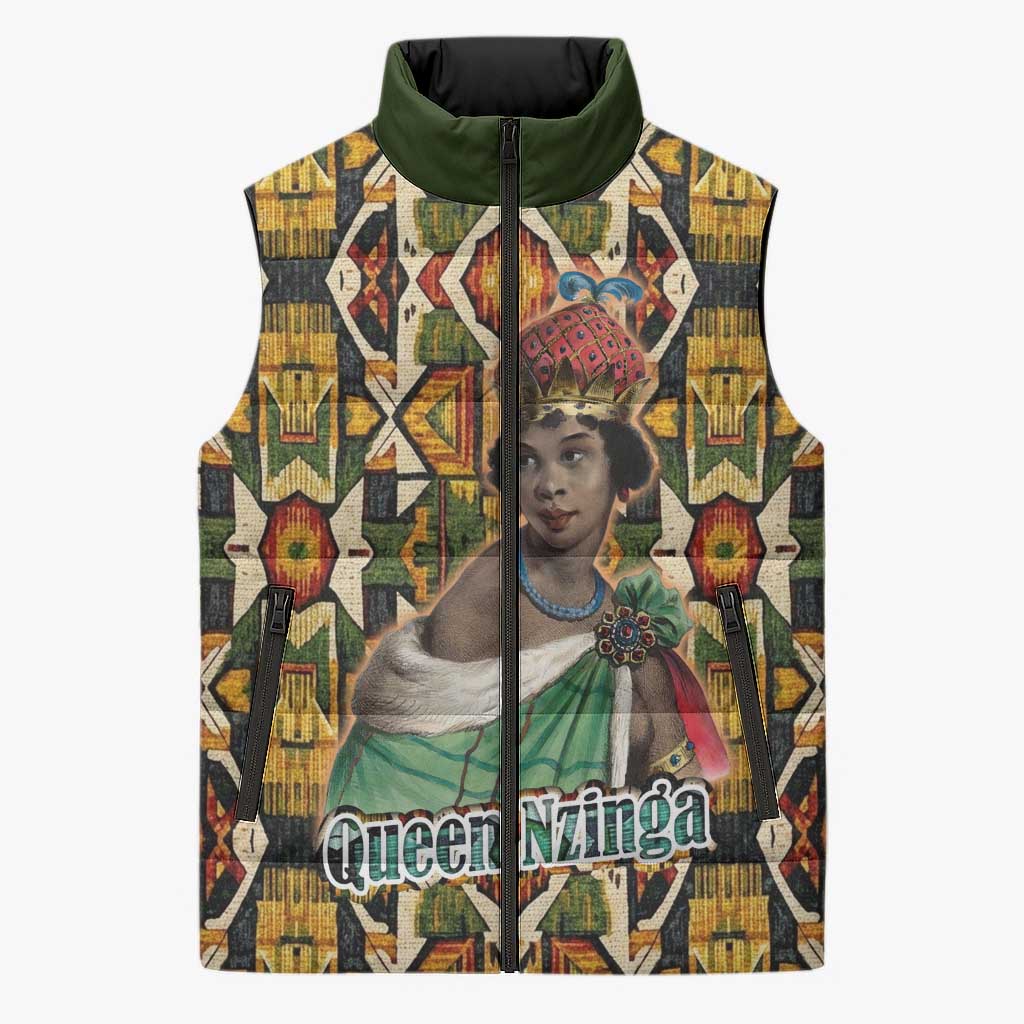 Queen Nzinga Sleeveless Puffer Jacket Mbandi Traditional Regal Portrait Empowerment Quote African Female Leadership - Wonder Print Shop
