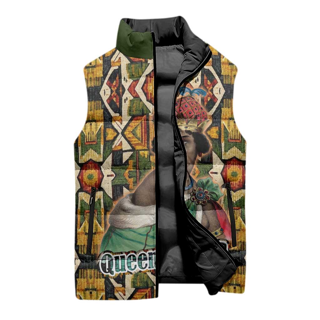 Queen Nzinga Sleeveless Puffer Jacket Mbandi Traditional Regal Portrait Empowerment Quote African Female Leadership - Wonder Print Shop