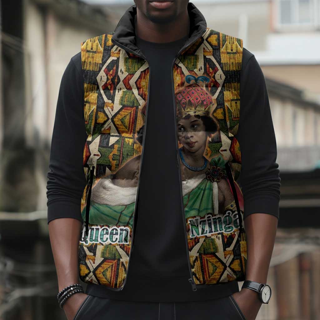 Queen Nzinga Sleeveless Puffer Jacket Mbandi Traditional Regal Portrait Empowerment Quote African Female Leadership - Wonder Print Shop