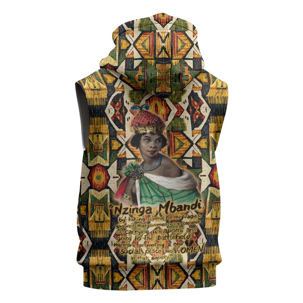 Queen Nzinga Sleeveless Zip Hoodie Mbandi Traditional Regal Portrait Empowerment Quote African Female Leadership - Wonder Print Shop