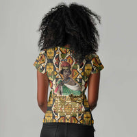 Queen Nzinga Women V-Neck T-Shirt Mbandi Traditional Regal Portrait Empowerment Quote African Female Leadership - Wonder Print Shop