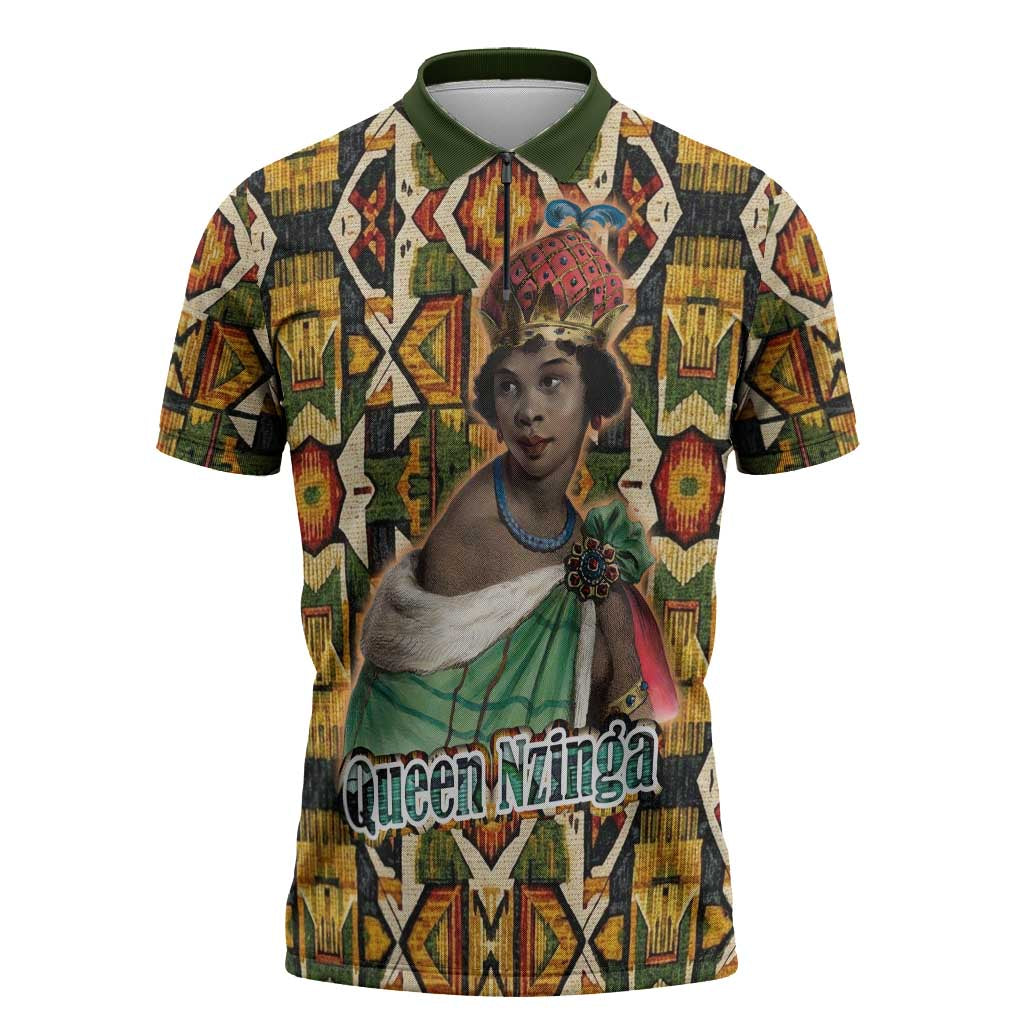 Queen Nzinga Zipper Polo Shirt Mbandi Traditional Regal Portrait Empowerment Quote African Female Leadership - Wonder Print Shop