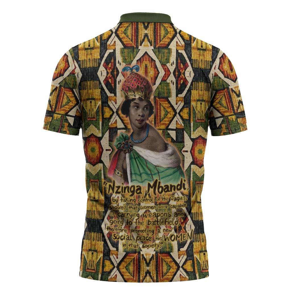 Queen Nzinga Zipper Polo Shirt Mbandi Traditional Regal Portrait Empowerment Quote African Female Leadership - Wonder Print Shop