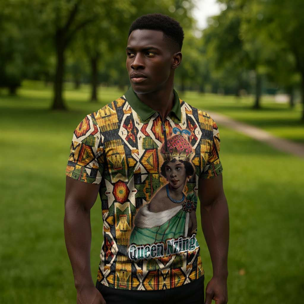 Queen Nzinga Zipper Polo Shirt Mbandi Traditional Regal Portrait Empowerment Quote African Female Leadership - Wonder Print Shop