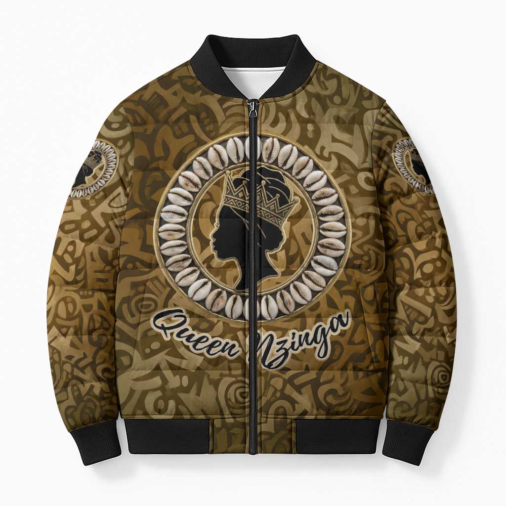 Queen Nzinga Bomber Puffer Jacket Cowrie Crown Silhouette Royal Power - Wonder Print Shop