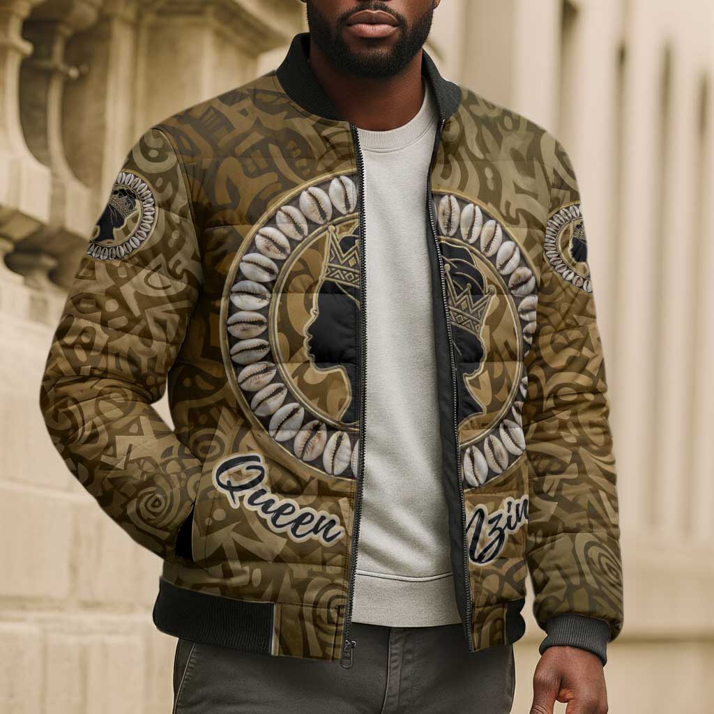 Queen Nzinga Bomber Puffer Jacket Cowrie Crown Silhouette Royal Power - Wonder Print Shop