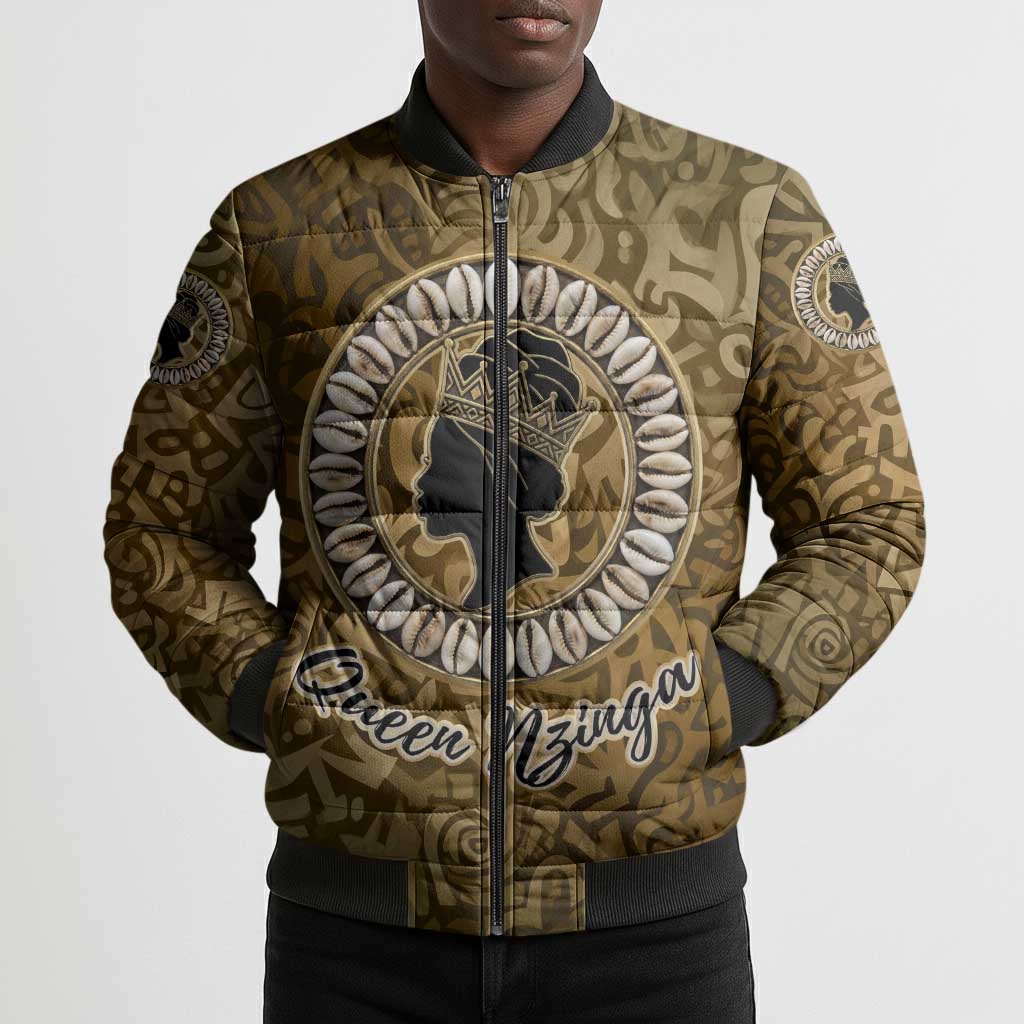 Queen Nzinga Bomber Puffer Jacket Cowrie Crown Silhouette Royal Power - Wonder Print Shop