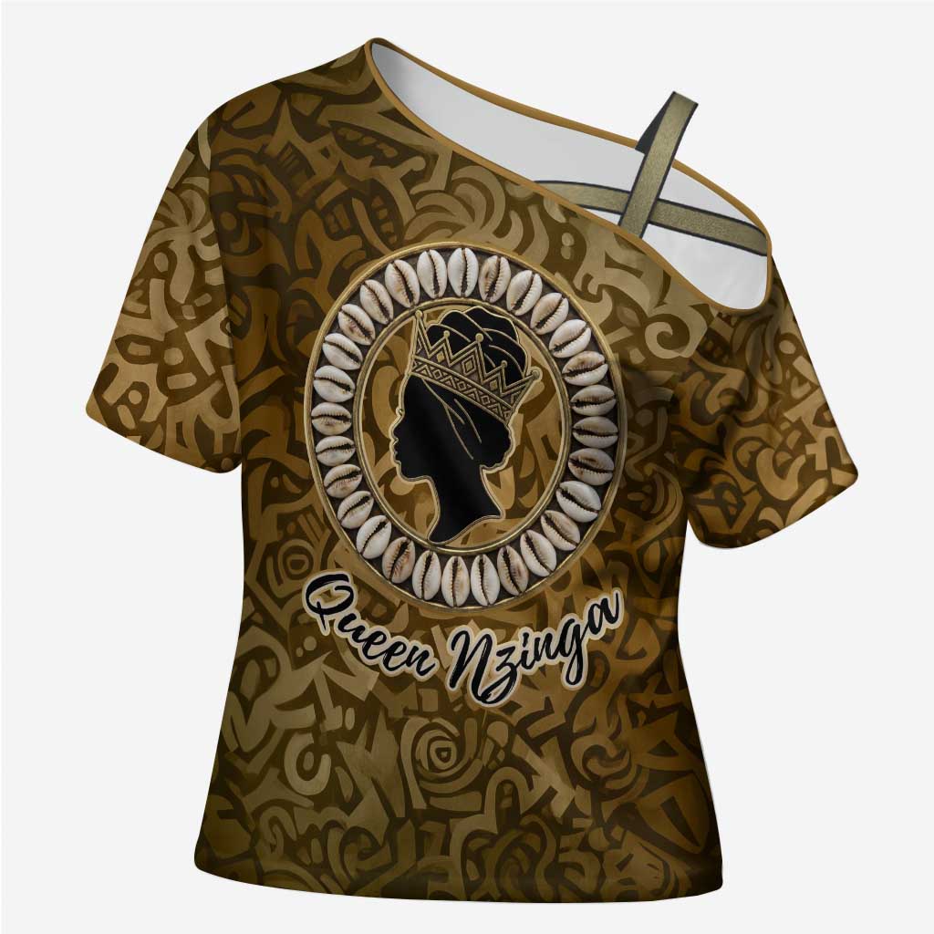 Queen Nzinga Cross Shoulder Shirt Cowrie Crown Silhouette Royal Power - Wonder Print Shop