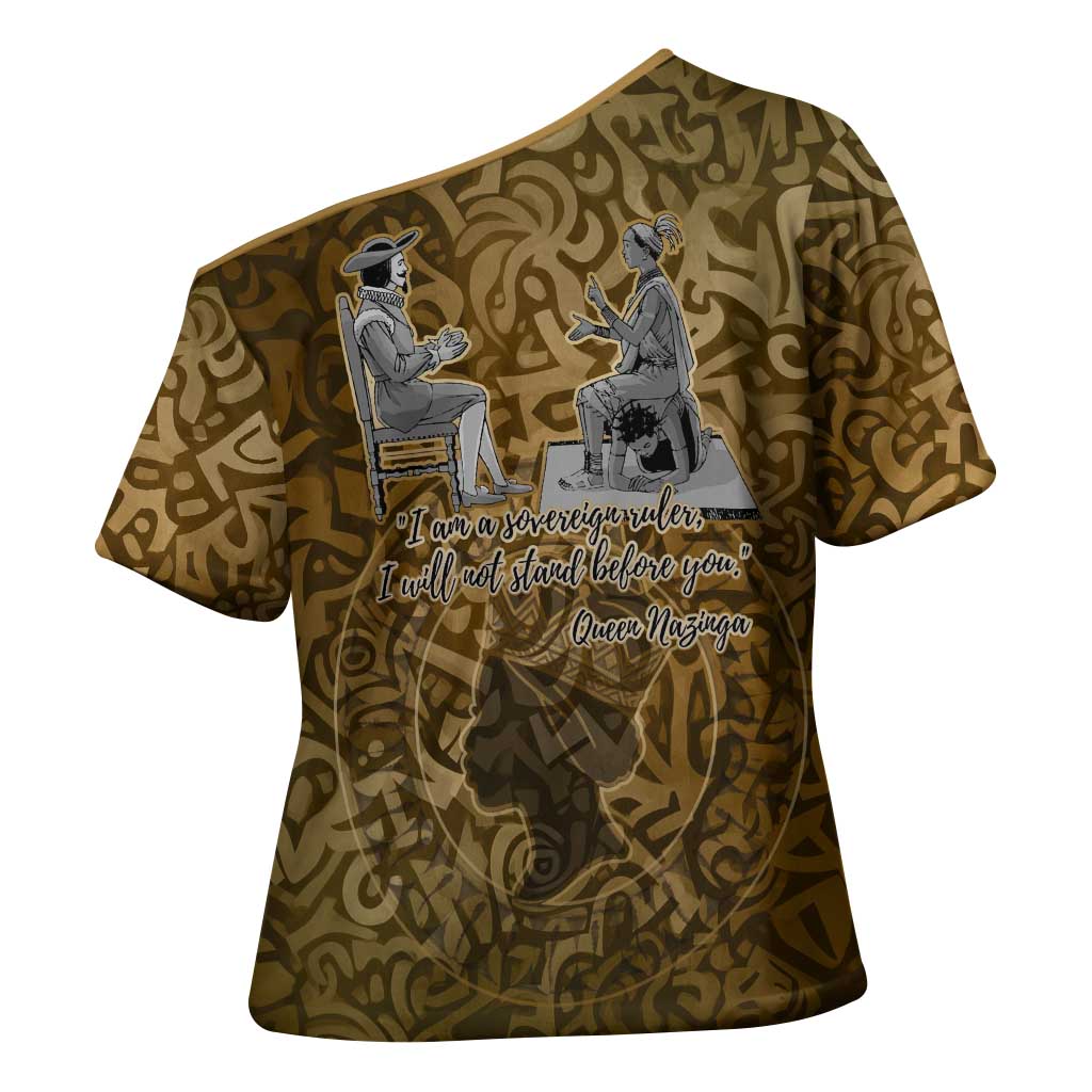 Queen Nzinga Cross Shoulder Shirt Cowrie Crown Silhouette Royal Power - Wonder Print Shop