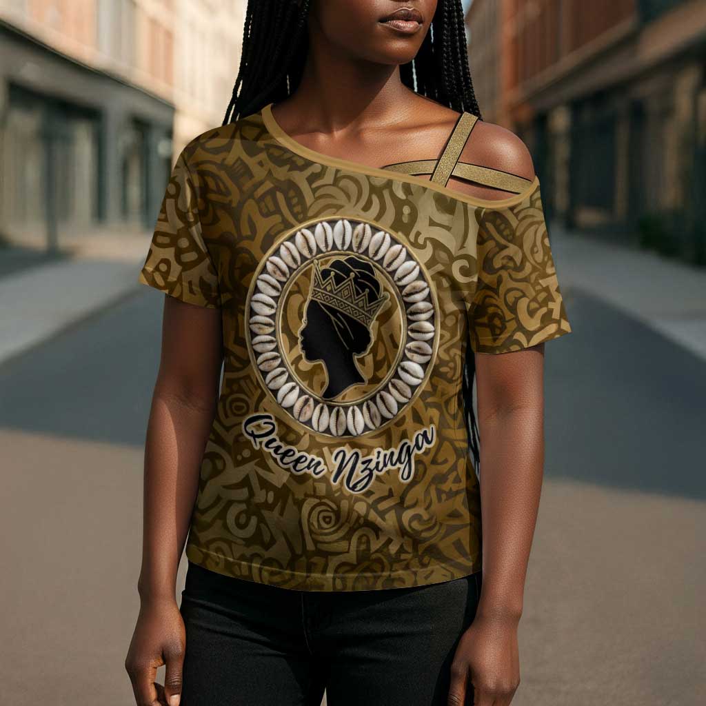 Queen Nzinga Cross Shoulder Shirt Cowrie Crown Silhouette Royal Power - Wonder Print Shop