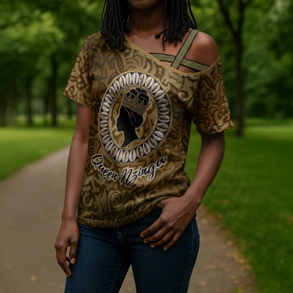 Queen Nzinga Cross Shoulder Shirt Cowrie Crown Silhouette Royal Power - Wonder Print Shop
