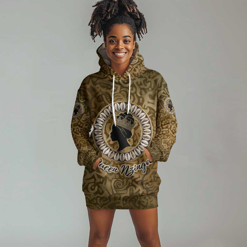Queen Nzinga Hoodie Dress Cowrie Crown Silhouette Royal Power - Wonder Print Shop