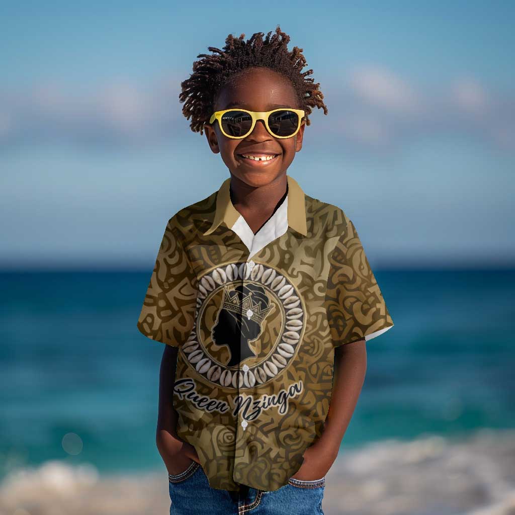 Queen Nzinga Kid Hawaiian Shirt Cowrie Crown Silhouette Royal Power - Wonder Print Shop