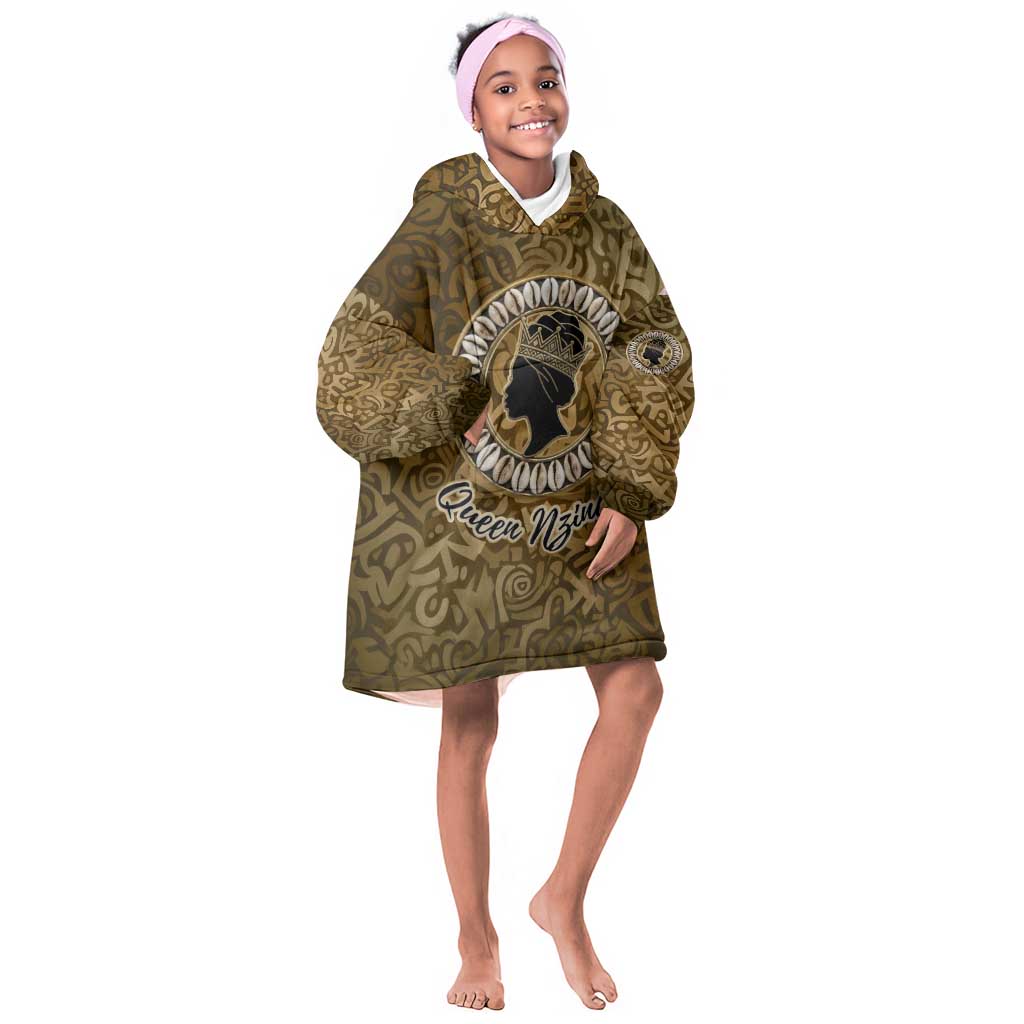 Queen Nzinga Kid Wearable Blanket Hoodie Cowrie Crown Silhouette Royal Power - Wonder Print Shop