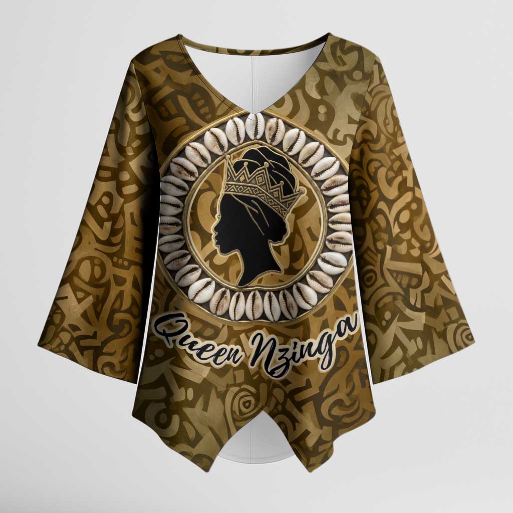 Queen Nzinga Kimono Sleeve Blouse Cowrie Crown Silhouette Royal Power - Wonder Print Shop