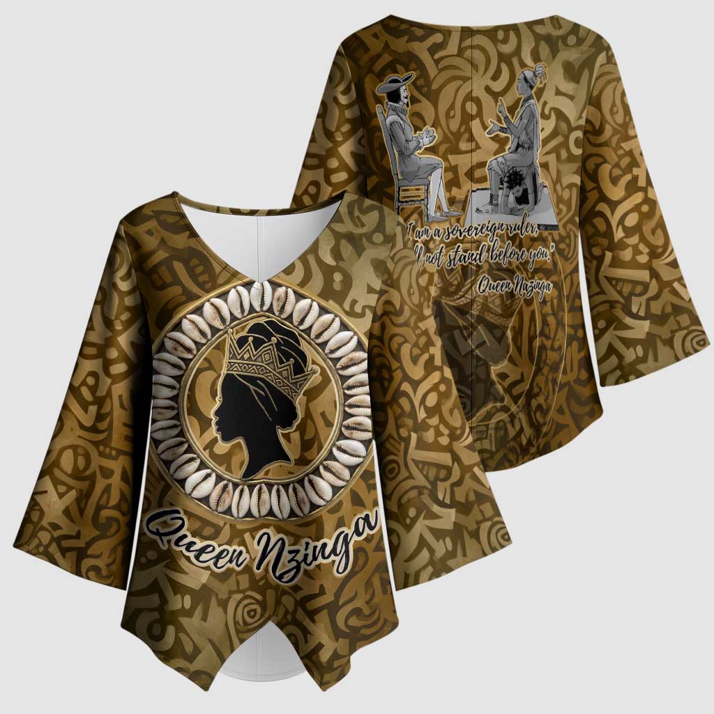 Queen Nzinga Kimono Sleeve Blouse Cowrie Crown Silhouette Royal Power - Wonder Print Shop