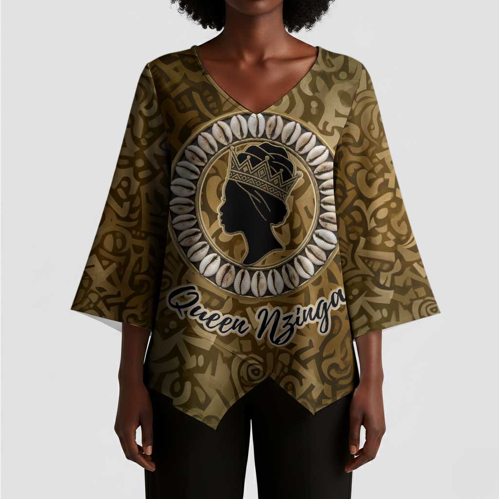 Queen Nzinga Kimono Sleeve Blouse Cowrie Crown Silhouette Royal Power - Wonder Print Shop
