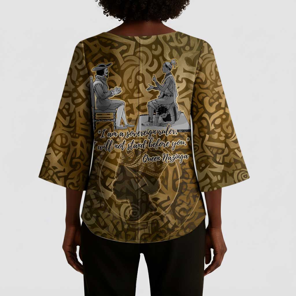 Queen Nzinga Kimono Sleeve Blouse Cowrie Crown Silhouette Royal Power - Wonder Print Shop