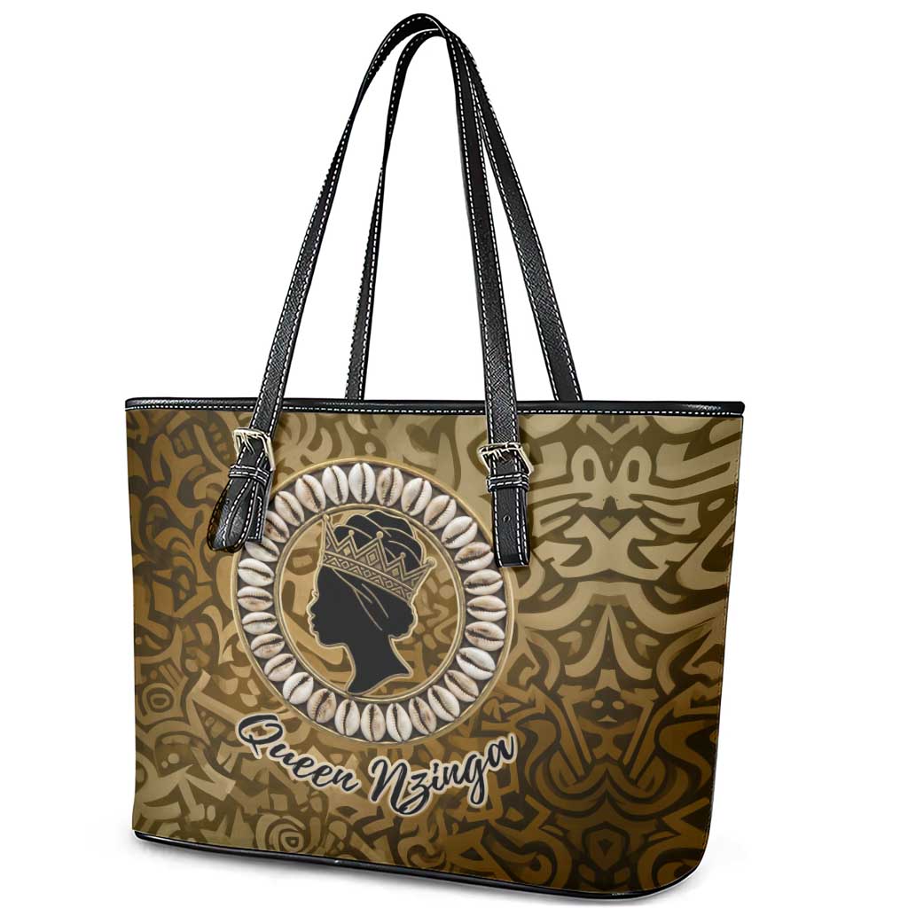 Queen Nzinga Leather Tote Bag Cowrie Crown Silhouette Royal Power - Wonder Print Shop