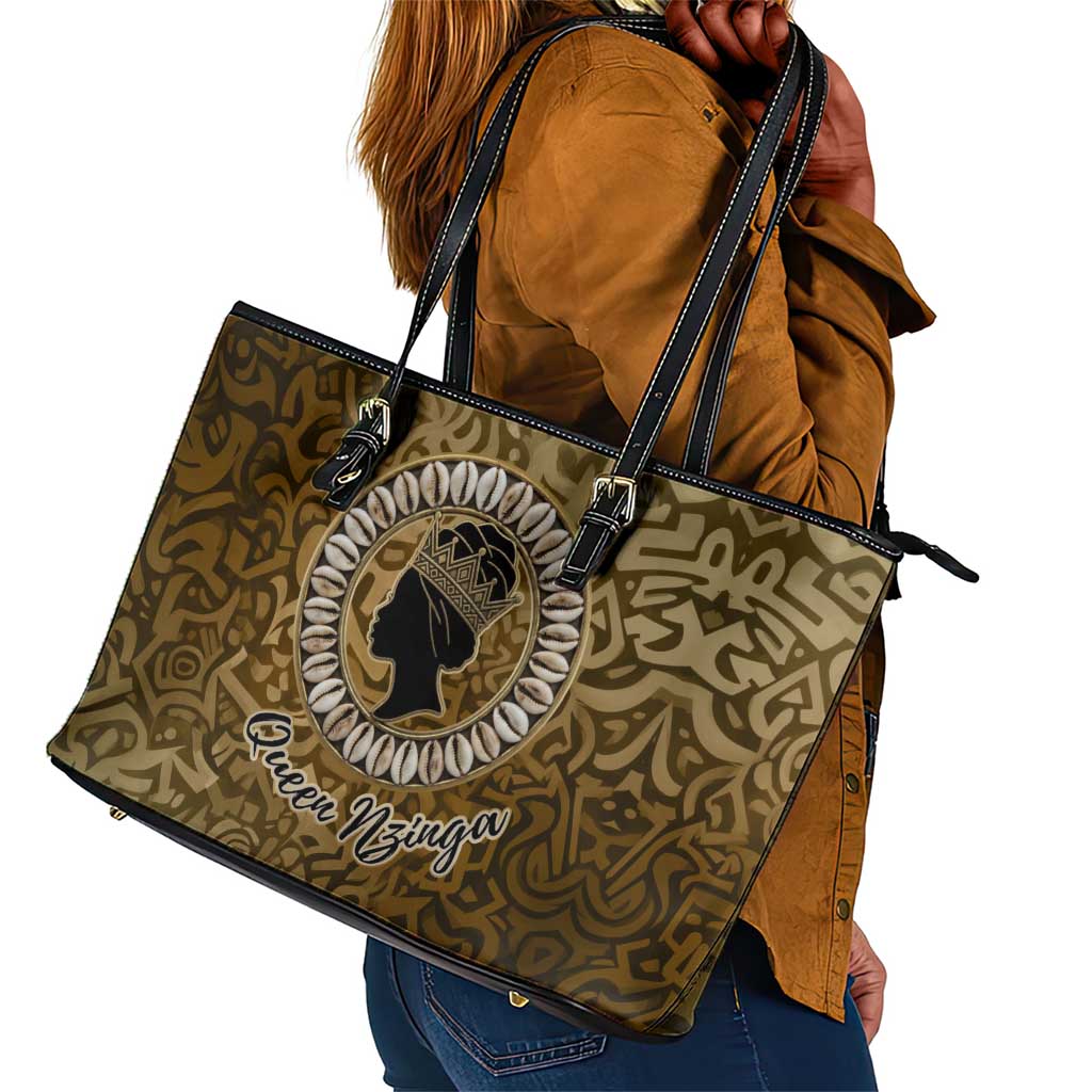 Queen Nzinga Leather Tote Bag Cowrie Crown Silhouette Royal Power - Wonder Print Shop