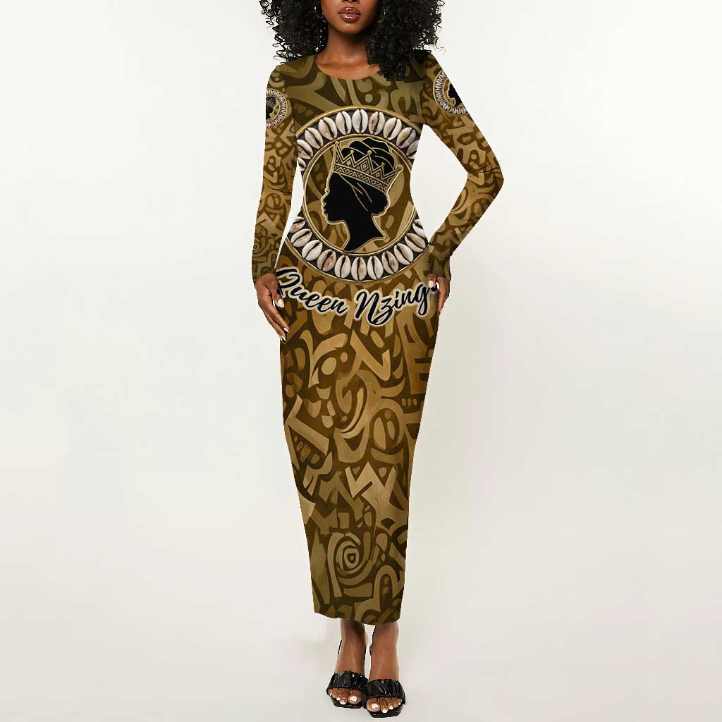 Queen Nzinga Long Sleeve Bodycon Dress Cowrie Crown Silhouette Royal Power - Wonder Print Shop