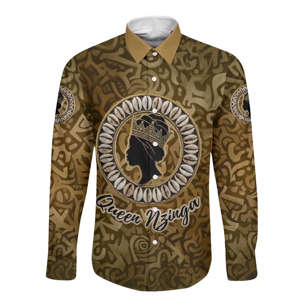 Queen Nzinga Long Sleeve Button Shirt Cowrie Crown Silhouette Royal Power - Wonder Print Shop
