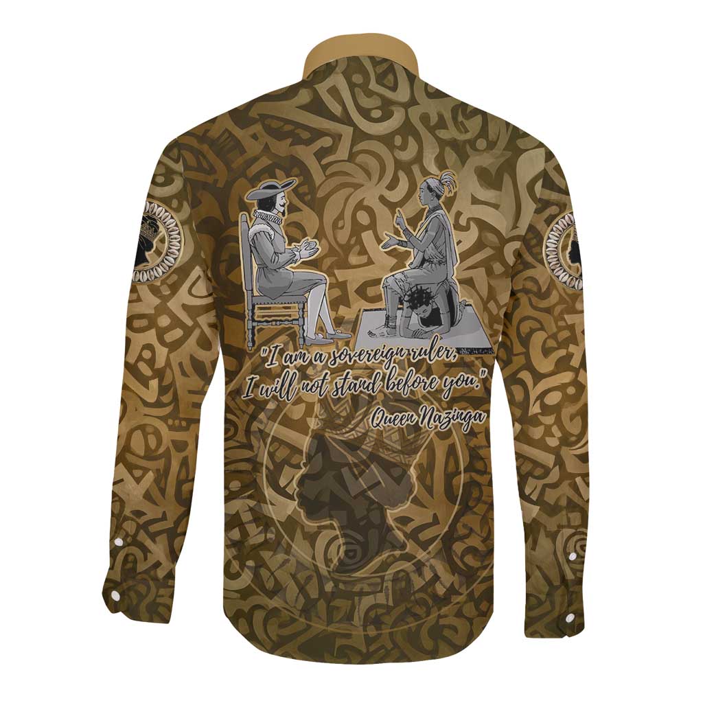 Queen Nzinga Long Sleeve Button Shirt Cowrie Crown Silhouette Royal Power - Wonder Print Shop