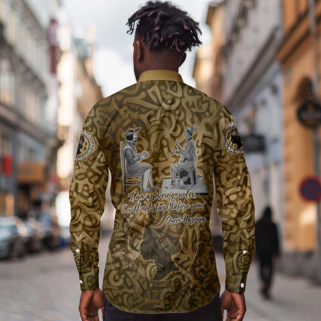 Queen Nzinga Long Sleeve Button Shirt Cowrie Crown Silhouette Royal Power - Wonder Print Shop