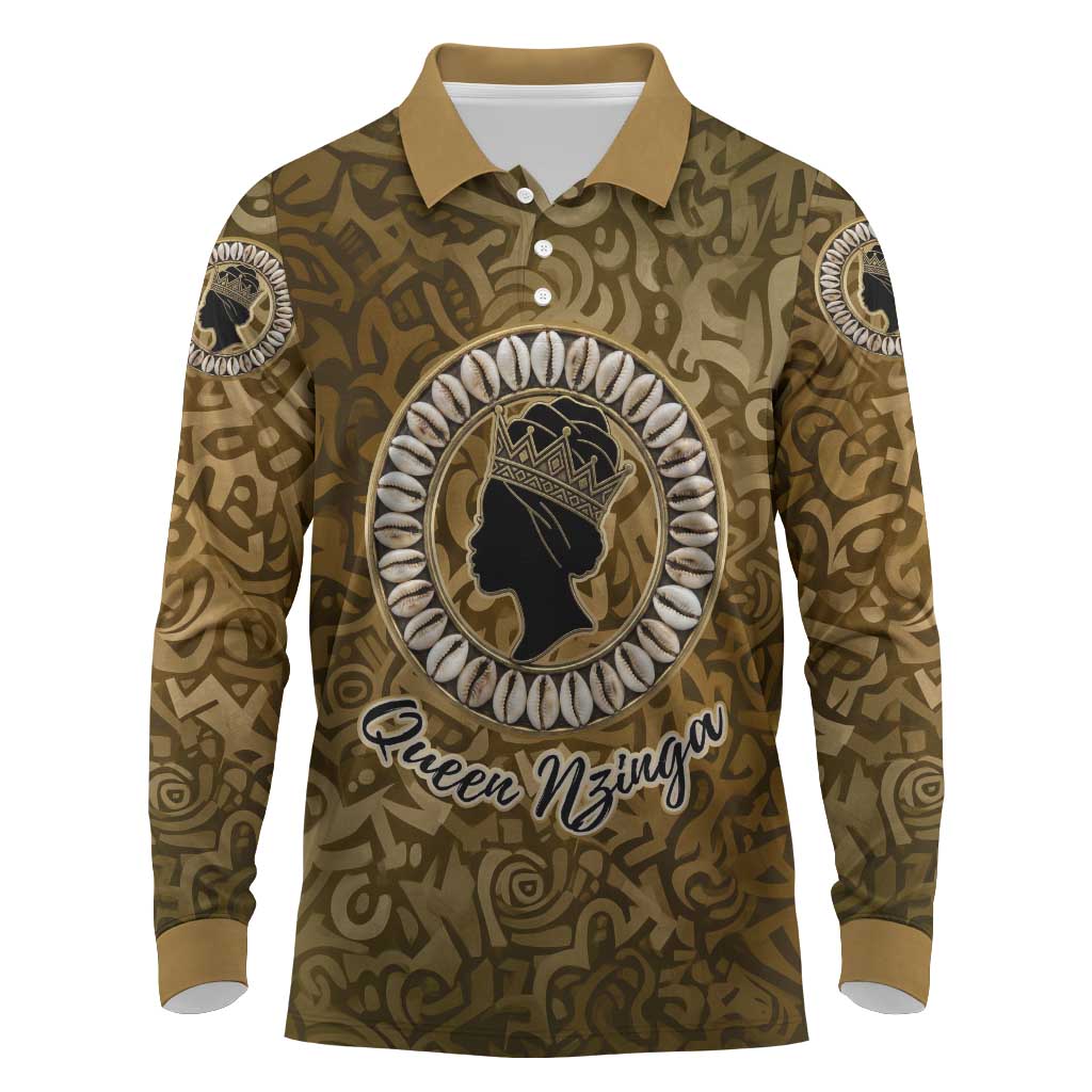 Queen Nzinga Long Sleeve Polo Shirt Cowrie Crown Silhouette Royal Power - Wonder Print Shop