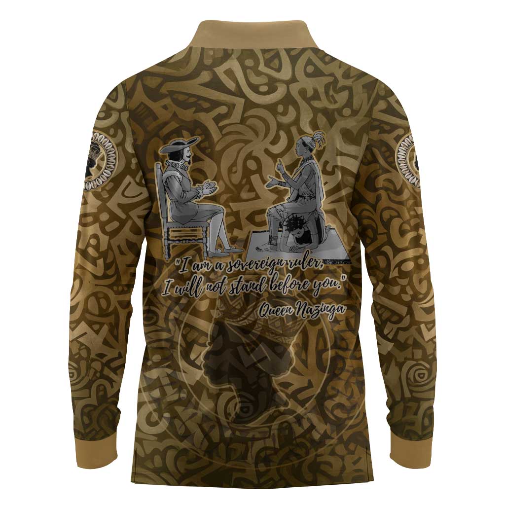 Queen Nzinga Long Sleeve Polo Shirt Cowrie Crown Silhouette Royal Power - Wonder Print Shop