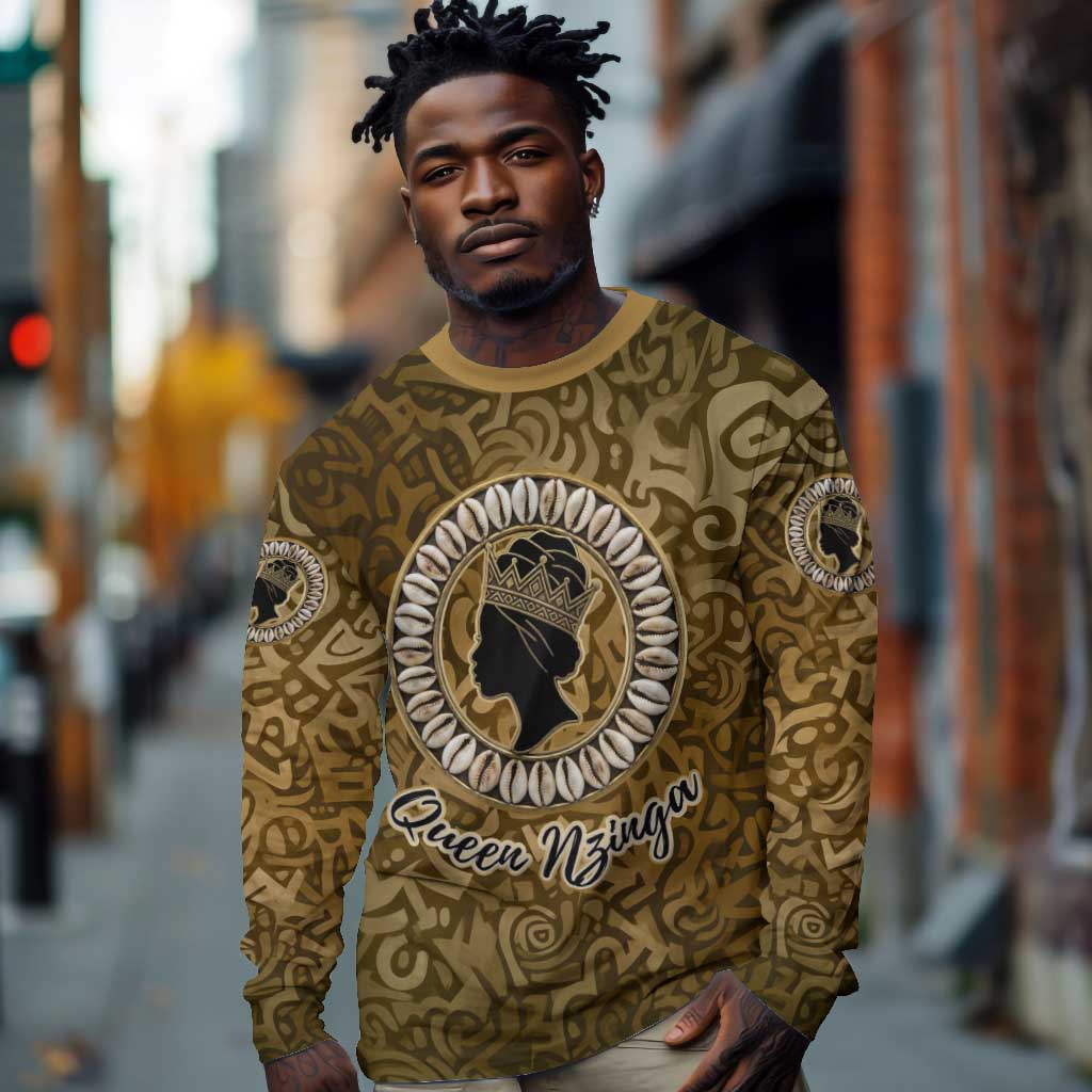 Queen Nzinga Long Sleeve Shirt Cowrie Crown Silhouette Royal Power - Wonder Print Shop