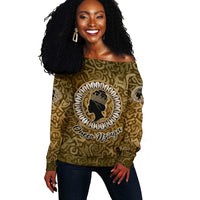 Queen Nzinga Off Shoulder Sweater Cowrie Crown Silhouette Royal Power - Wonder Print Shop