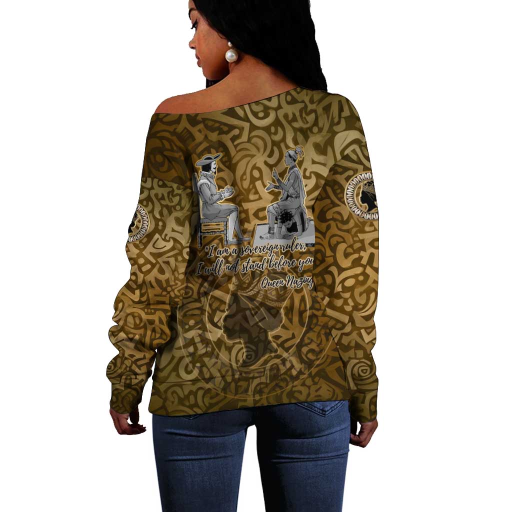 Queen Nzinga Off Shoulder Sweater Cowrie Crown Silhouette Royal Power - Wonder Print Shop