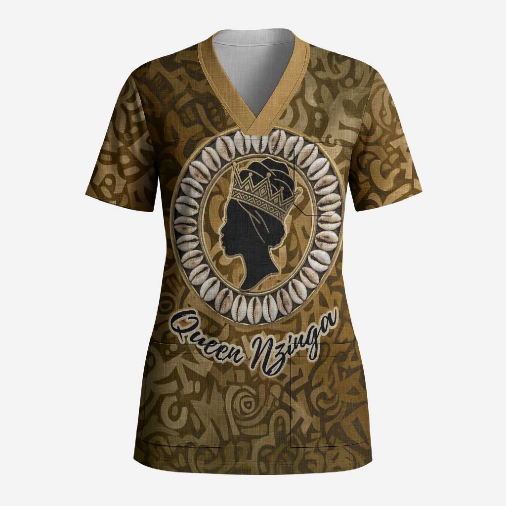 Queen Nzinga Scrub Top Cowrie Crown Silhouette Royal Power - Wonder Print Shop
