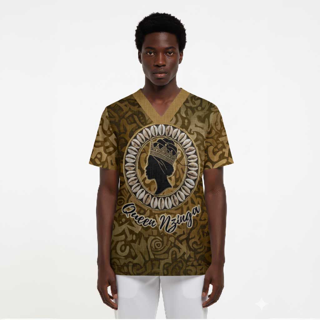 Queen Nzinga Scrub Top Cowrie Crown Silhouette Royal Power - Wonder Print Shop