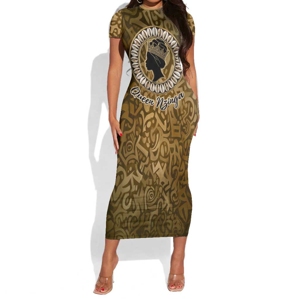 Queen Nzinga Short Sleeve Bodycon Dress Cowrie Crown Silhouette Royal Power - Wonder Print Shop