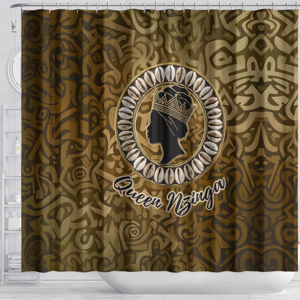 Queen Nzinga Shower Curtain Cowrie Crown Silhouette Royal Power - Wonder Print Shop