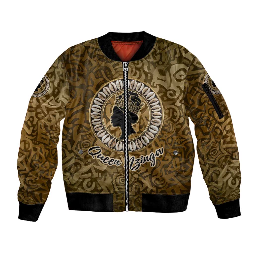 Queen Nzinga Sleeve Zip Bomber Jacket Cowrie Crown Silhouette Royal Power - Wonder Print Shop