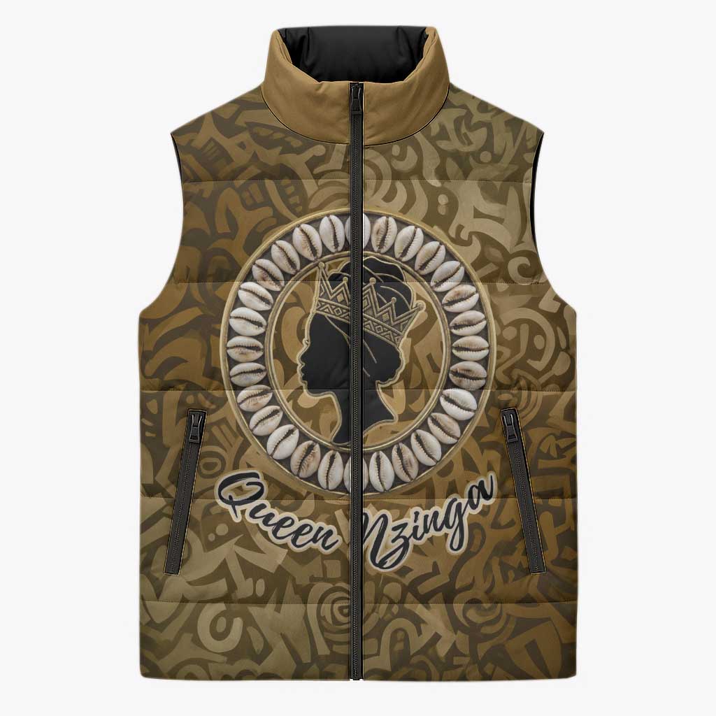 Queen Nzinga Sleeveless Puffer Jacket Cowrie Crown Silhouette Royal Power - Wonder Print Shop