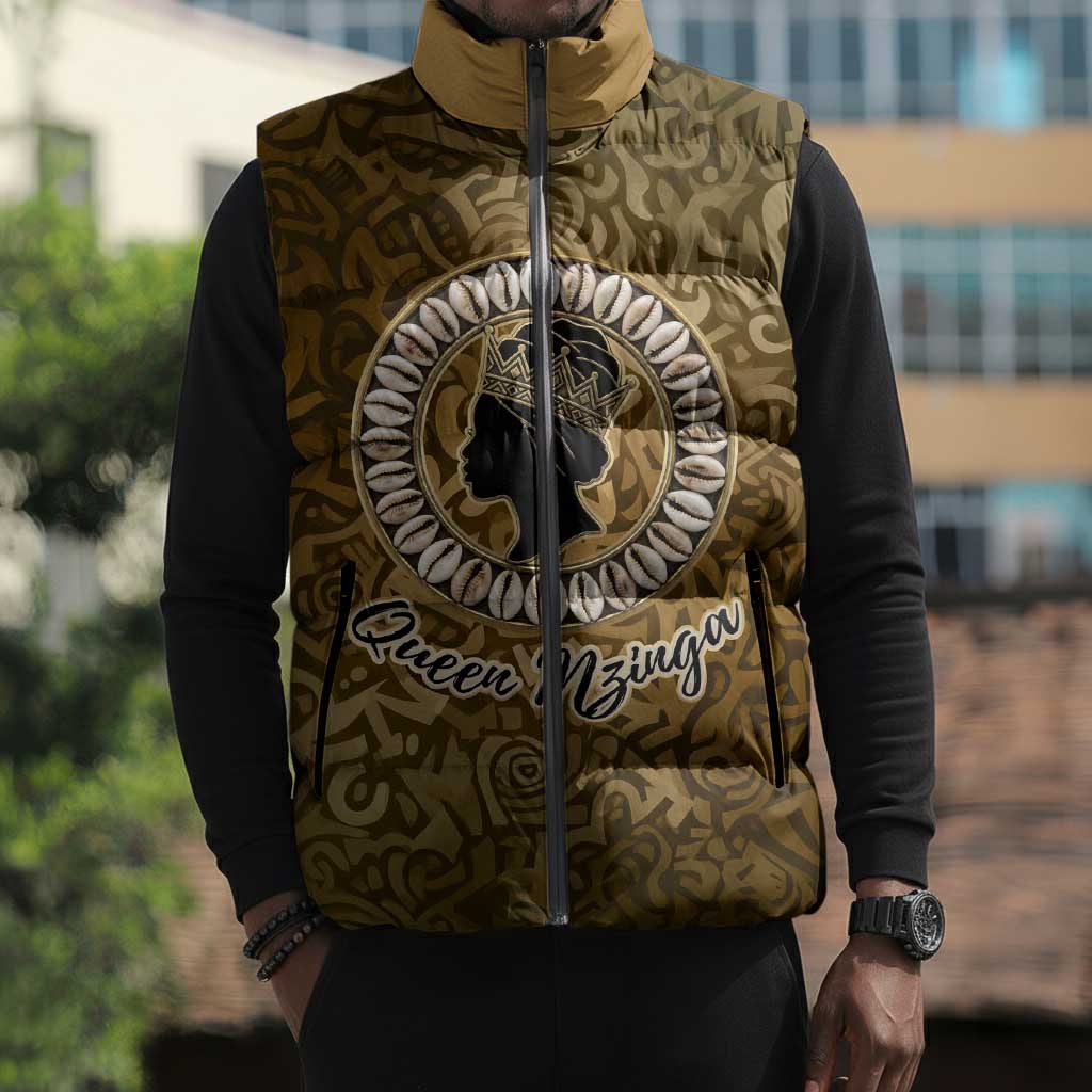 Queen Nzinga Sleeveless Puffer Jacket Cowrie Crown Silhouette Royal Power - Wonder Print Shop